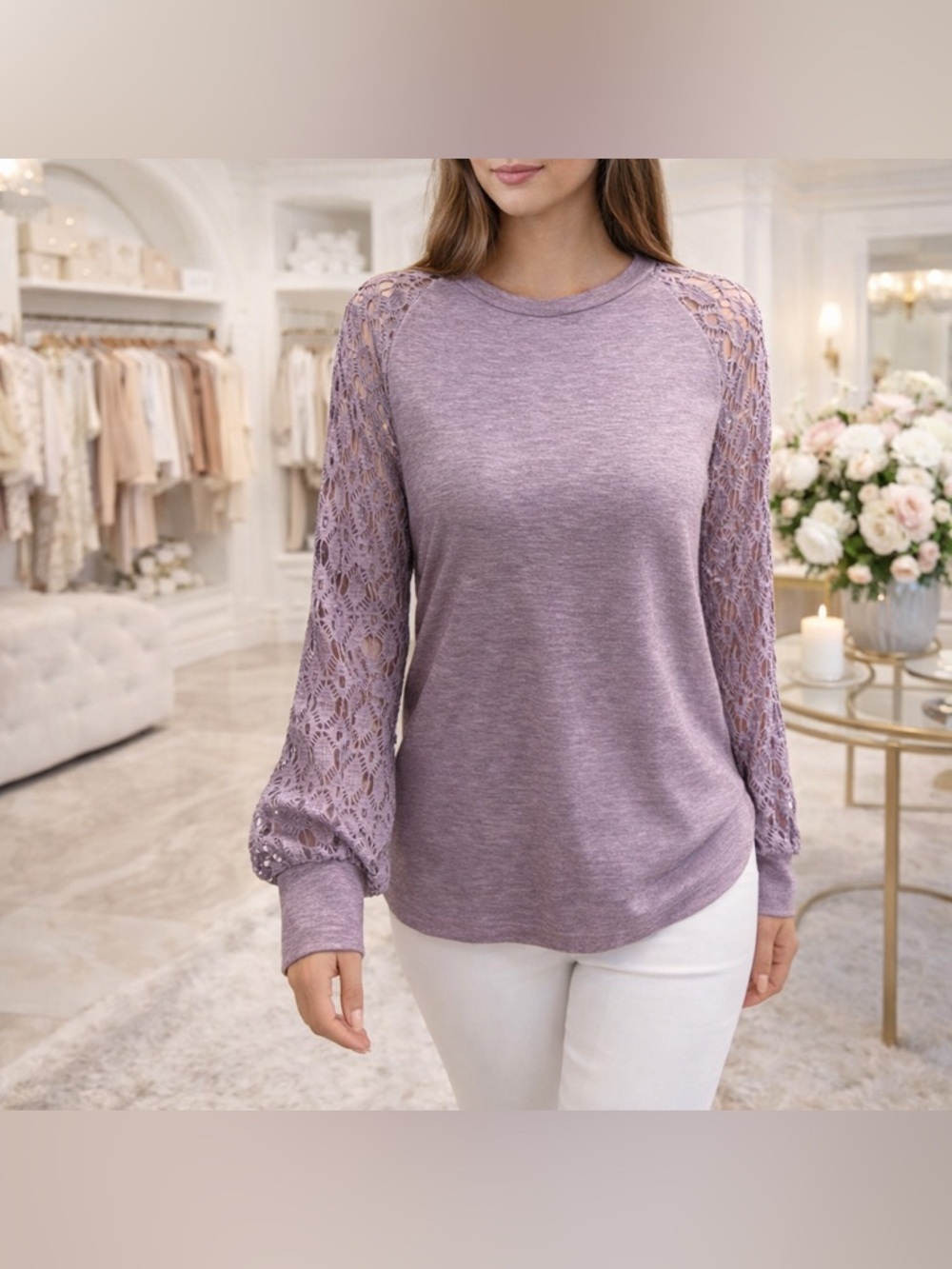 Lavender Lace Sleeve Women's Top with delicate lace sleeves 💕